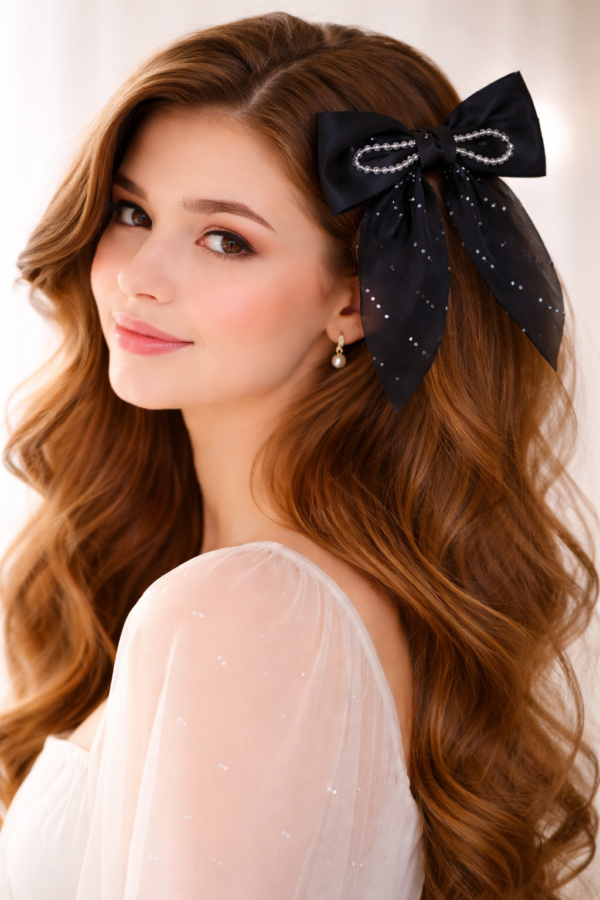 Elegant bow and soft beauty Pearl-Embellished Satin Bow Hair Clips - 2 Bows