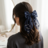 Navy Heart & Pearl Organza Bow