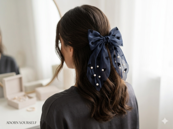 Navy Heart & Pearl Organza Bow