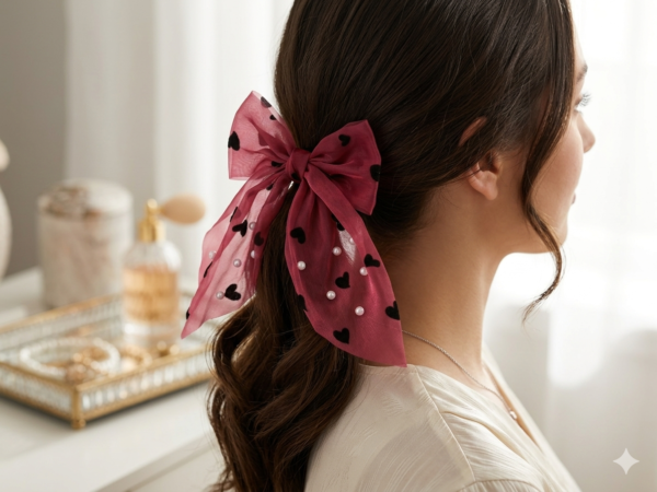 Red Heart With Pearl Organza Bow