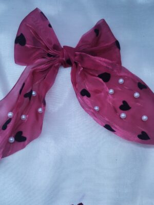 Red Heart With Pearl Organza Bow