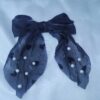 Navy Heart & Pearl Organza Bow
