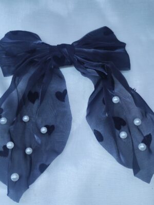 Navy Heart & Pearl Organza Bow