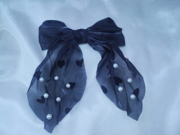 Navy Heart & Pearl Organza Bow