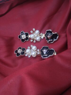 Elegant Floral Pearl & Black Enamel Hair Clip Set