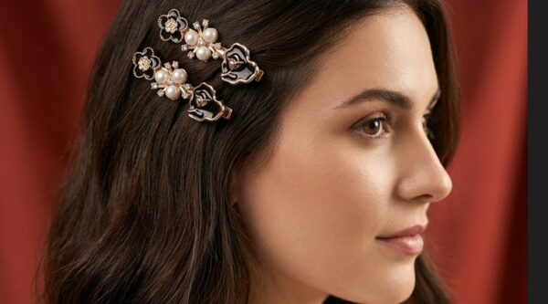 Elegant Floral Pearl & Black Enamel Hair Clip Set