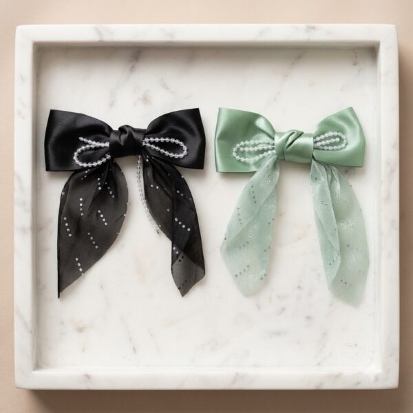 black with green Pearl-Embellished Satin Bow Hair Clips - 2 Bows