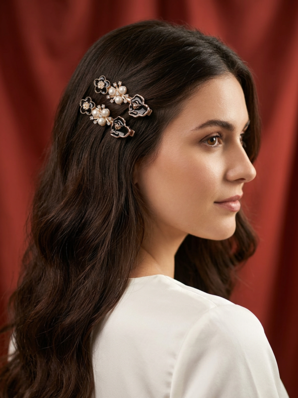 Elegant Floral Pearl & Black Enamel Hair Clip Set