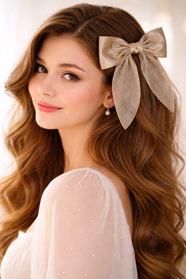 Pearl & Crystal Embellished Satin Bow - 1 Pair
