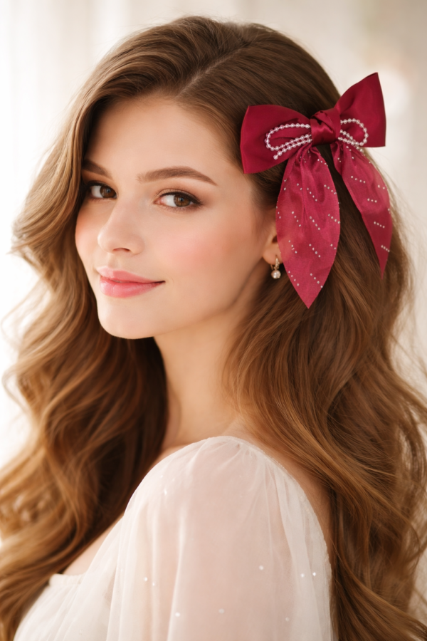 Elegant Pearl-Embellished Satin Bow - 1 Pair