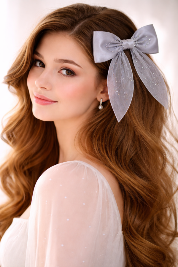 Silver satin bow and soft elegance Elegant Pearl-Embellished Satin Bow - 1 Pair