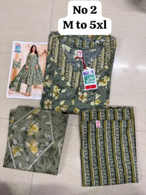 Women's Premium Cotton Stitched 3-Piece Anarkali Suit Set – Sage Green Floral Print | Kurta, Pant & Dupatta