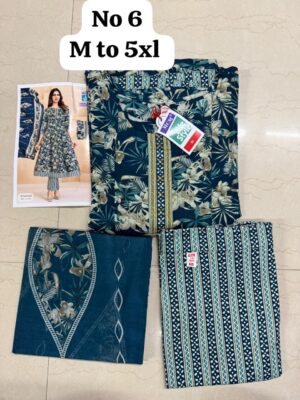 Women's Premium Cotton Stitched 3-Piece Anarkali Suit Set – Teal Blue Floral Print | Kurta, Pant & Dupatta