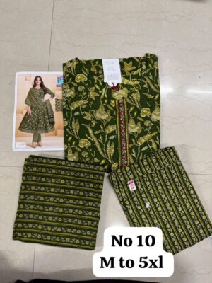 Women's Premium Cotton Stitched 3-Piece Set – Dark Olive Green Floral Print | Kurta, Pant & Dupatta
