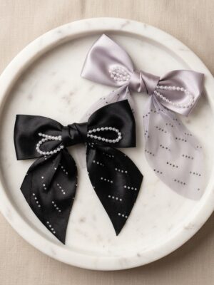 black with grey Elegant Pearl-Embellished Satin Bow - 1 Pair