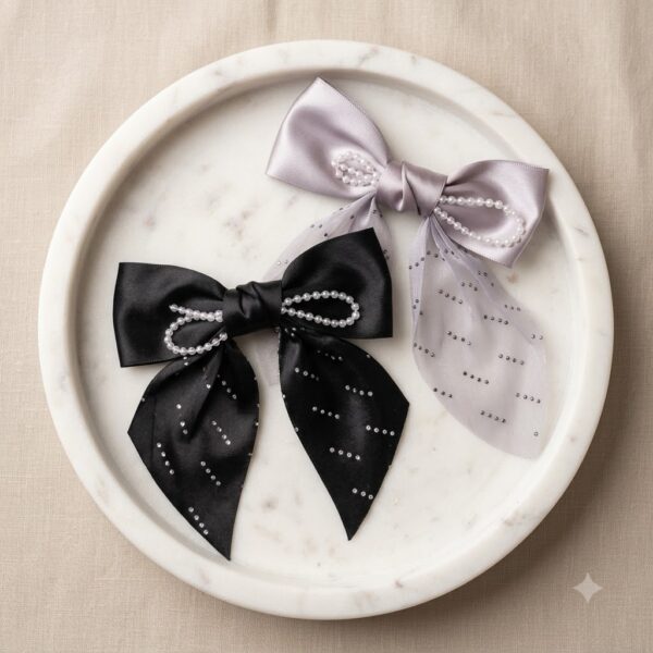 black with grey Elegant Pearl-Embellished Satin Bow - 1 Pair