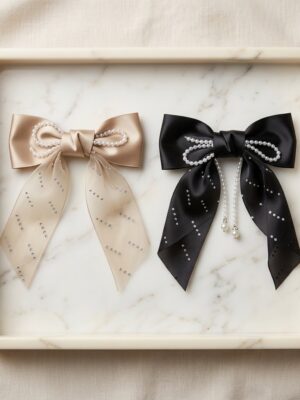 black with light brown Pearl & Crystal Embellished Satin Bow - 1 Pair