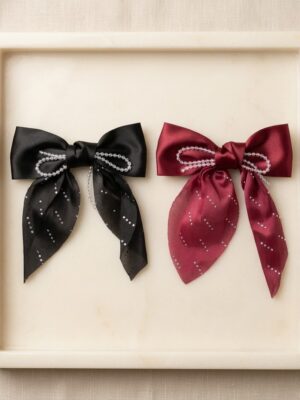 black with red Elegant Pearl-Embellished Satin Bow - 1 Pair