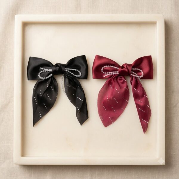 Elegant Pearl-Embellished Satin Bow -  1 Pair