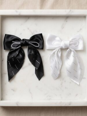 black with white Elegant Pearl-Embellished Satin Bow - 1 Pair