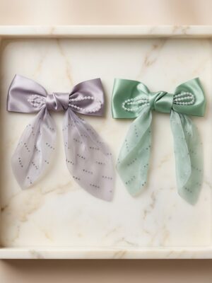 grey with green Elegant Pearl-Embellished Satin Bow - 1 Pair