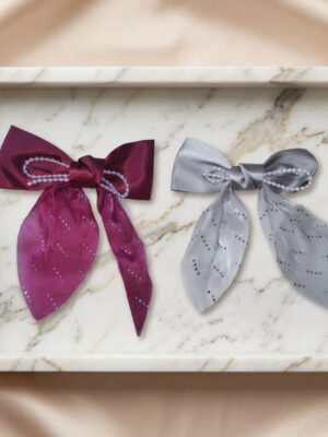 grey with red Elegant Pearl-Embellished Satin Bow - 1 Pair
