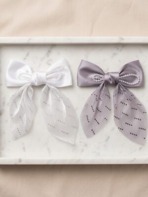 grey with white Elegant Pearl-Embellished Satin Bow - 1 Pair
