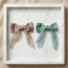 light brown with green Elegant Pearl-Embellished Satin Bow - 1Pair