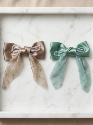 Elegant Pearl-Embellished Satin Bow - 1Pair
