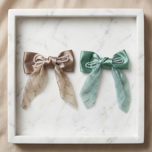 Elegant Pearl-Embellished Satin Bow -1 Pair