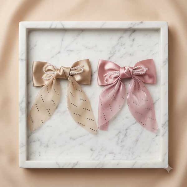 Elegant Pearl-Embellished Satin Bow -1 Pair