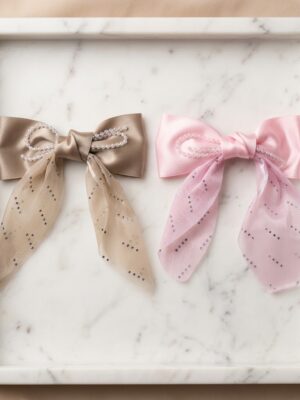 light brown with pink Elegant Pearl-Embellished Satin Bow - 1 Pair