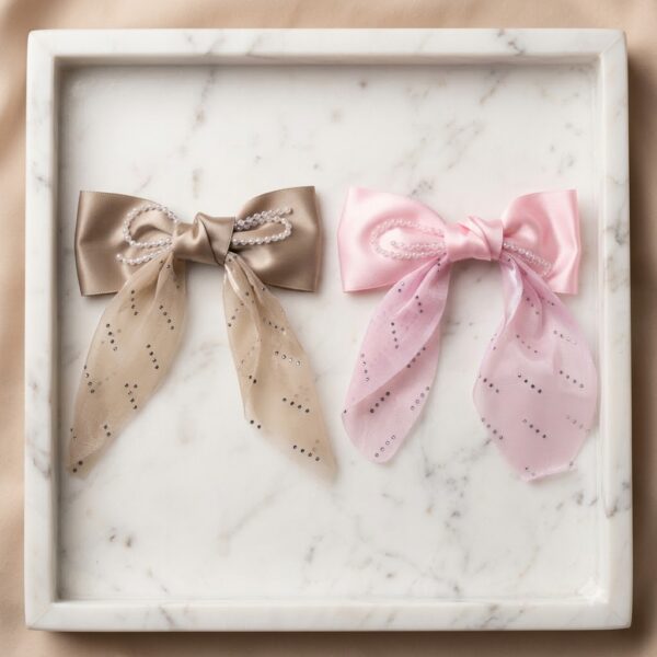 Elegant Pearl-Embellished Satin Bow - 1 Pair