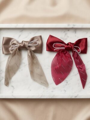 light brown with red Elegant Pearl-Embellished Satin Bow - 1 Pair