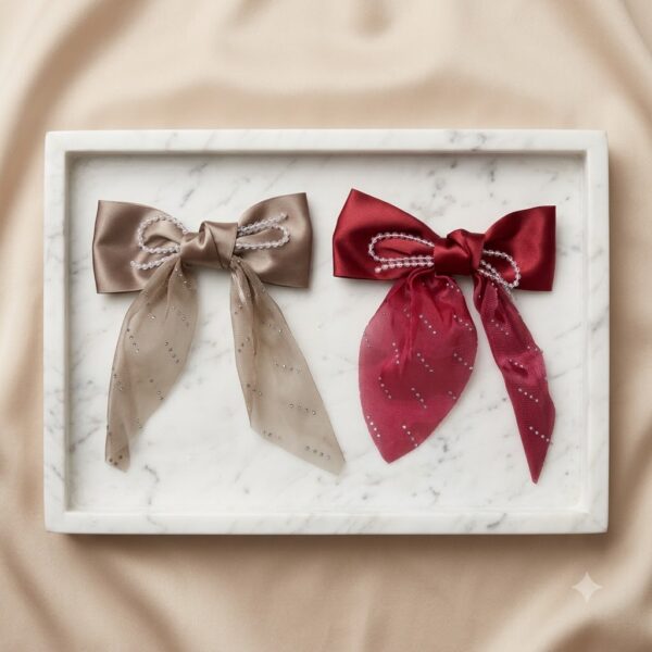 Elegant Pearl-Embellished Satin Bow - 1 Pair