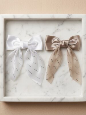 light brown with white Elegant Pearl-Embellished Satin Bow - 1 Pair