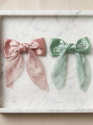 onion with green Elegant Pearl-Embellished Satin Bow - 1 Pair