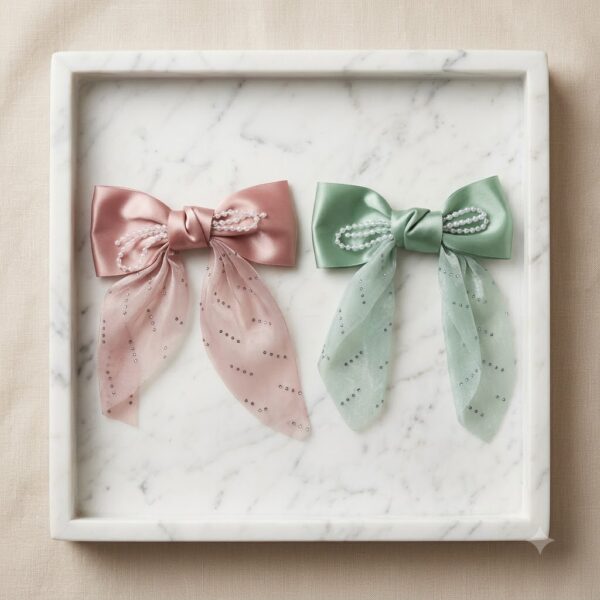 Elegant Pearl-Embellished Satin Bow - 1 Pair