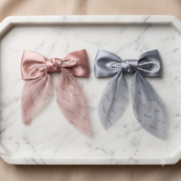 Elegant Pearl-Embellished Satin Bow 1 Pair