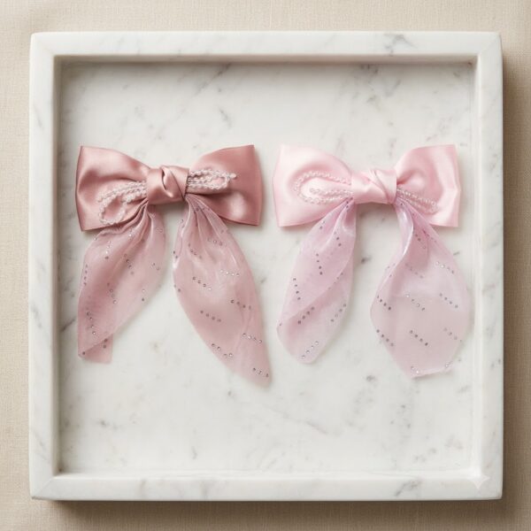 Elegant Pearl-Embellished Satin Bow - 1 Pair