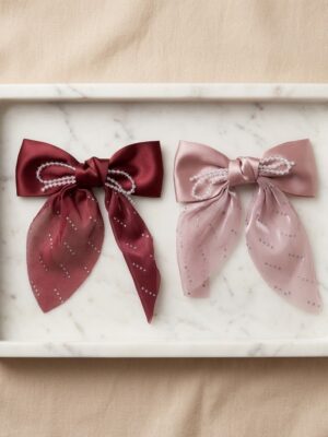 Elegant Pearl-Embellished Satin Bow 1 Pair