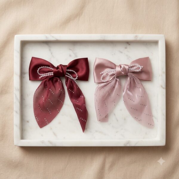 Elegant Pearl-Embellished Satin Bow 1 Pair
