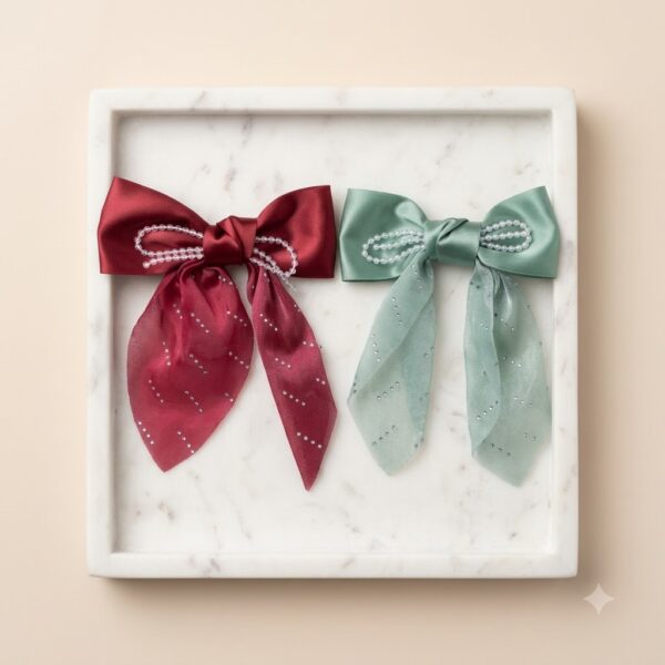 Elegant Pearl-Embellished Satin Bow 1 Pair