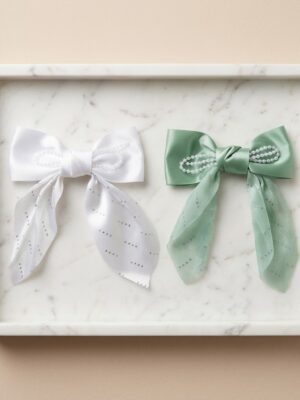 white with green Elegant Pearl-Embellished Satin Bow