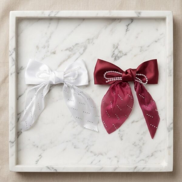 Elegant Pearl-Embellished Satin Bow - 1 Pair