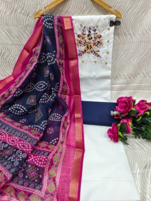 Elegant Handcrafted Embroidered Suit Material with Printed Dupatta