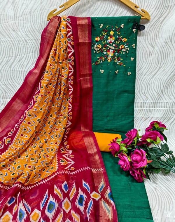 Elegant Handcrafted Embroidered Suit Material with Printed Dupatta