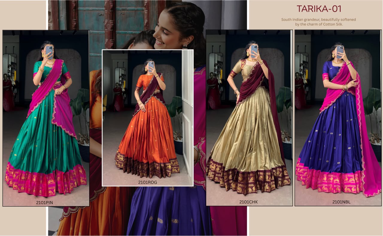 Celebrate in South Indian style with rich colours, intricate zari accents and a silhouette that radiates timeless charm.